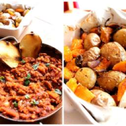Curry di fagioli rossi con contorno di zucca e patate al forno